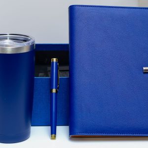 This Executive Gift Set features a sleek and sophisticated notebook, complete with a matching pen neatly tucked inside along with a thermal mug. The high-quality leather gives the notebook a luxurious feel, making it the perfect accessory for any professional setting.