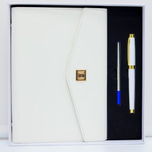 This Executive Gift Set features a sleek and sophisticated white leather notebook, complete with a matching pen neatly tucked inside. The high-quality leather gives the notebook a luxurious feel, making it the perfect accessory for any professional setting.