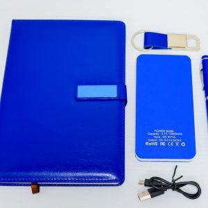 Executive Gift Set G4, features a vibrant colored gift box adorned with a notebook, sleek pen,, key holder and a power bank 8,000mAH in different array of colors.