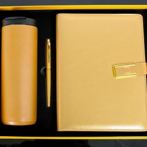 Executive Gift Set G3, features a vibrant colored gift box adorned with Notebook, Thermal mug & Pen with a goldish flair